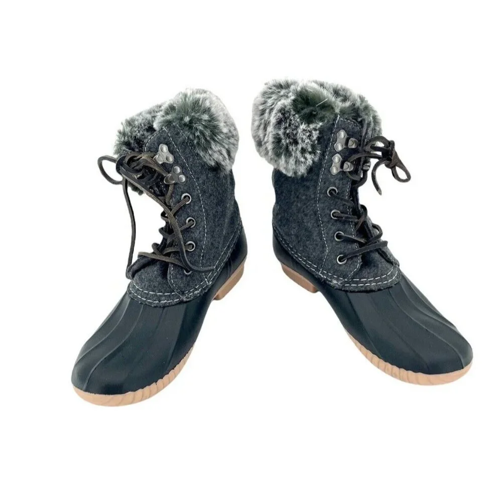Report Faux Fur Trimmed Tweed Rubber Duck Boots Black Gray SZ 6 NEW